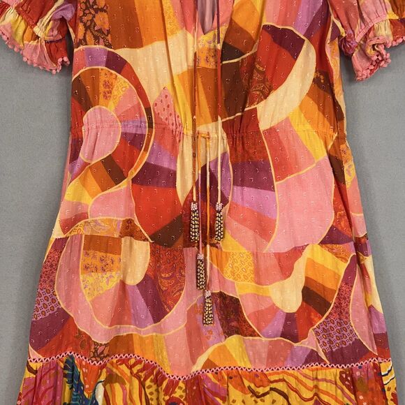 Farm Rio Dress Womens Large Red Orange Patchwork Twirl Boho Ruffle Peasant Loud - Picture 3 of 16